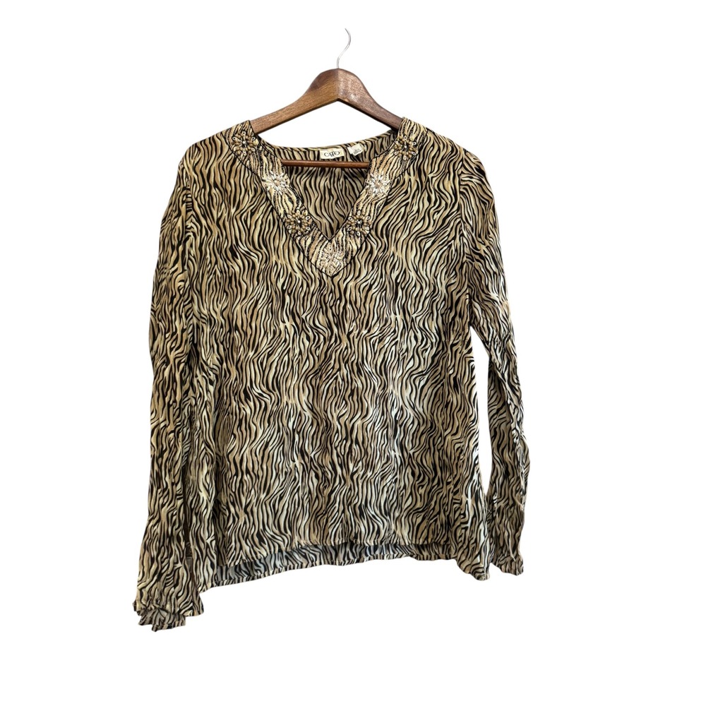 Cato Blouse Women L Brown Tiger Print Excellent Beaded V-Neck Long Sleeve Top